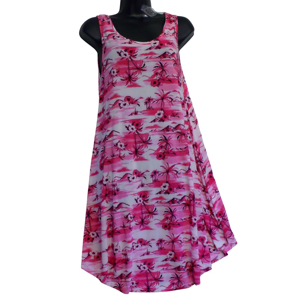 Isla Bonita Pink Tropical Palm Tree Print Sleeveless Swing Dress One Size NWT